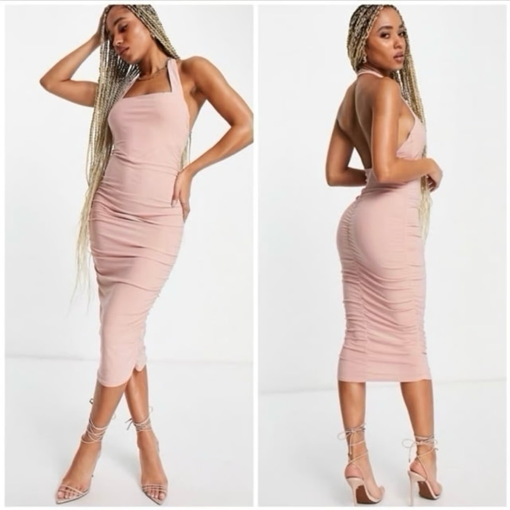 ASOS DESIGN Blush Pink Ruched Halter Bustier Bodycon Midi Dress Size 14 XL